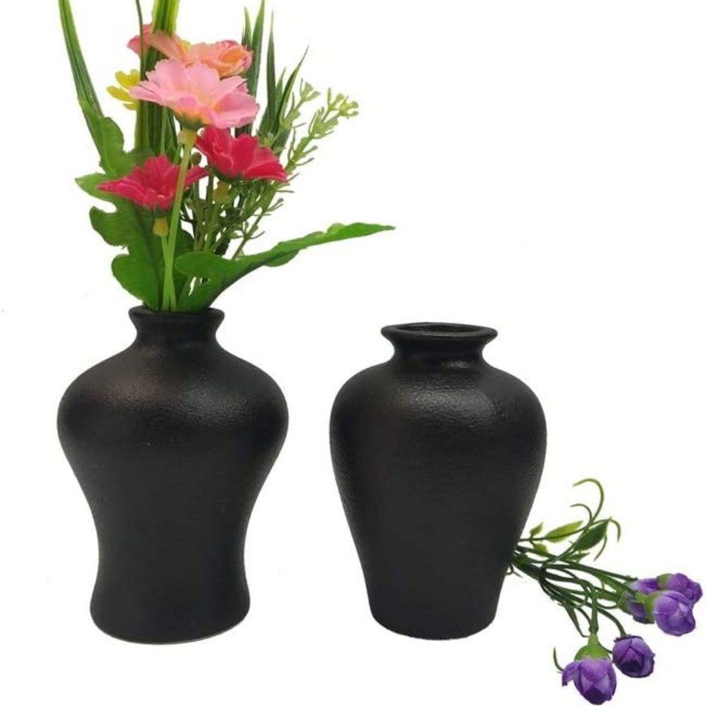 2 Piece Black Vase Set, Mini Flower Bouquet Holder, Matte Pottery Jars